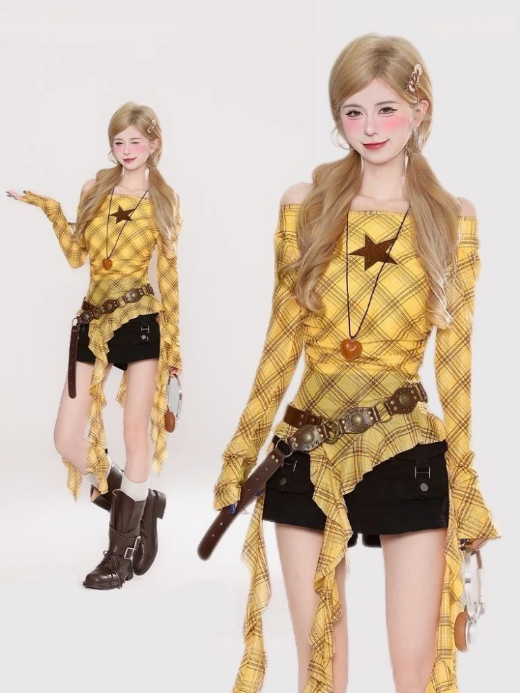 Y2K Plaid Slash Neck Vintage T - đánh giá và giá Embroidery A