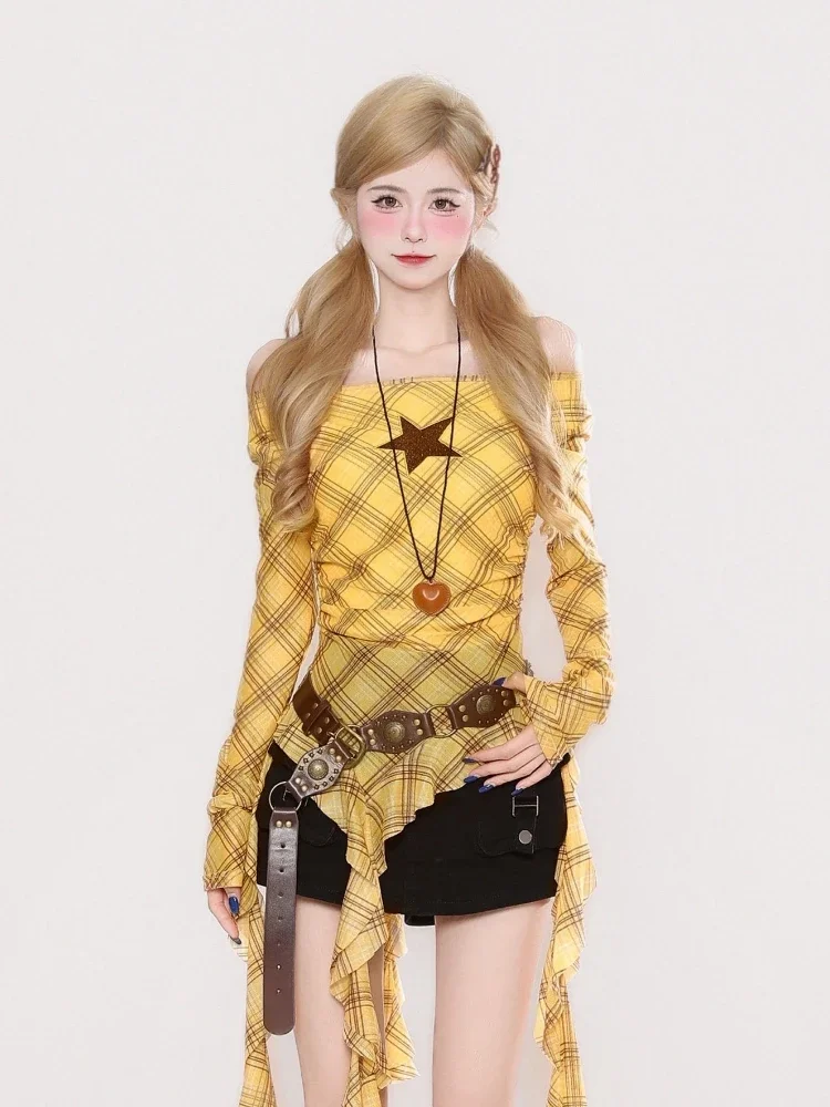 Y2K Plaid Slash Neck Vintage T - đánh giá và giá Embroidery A