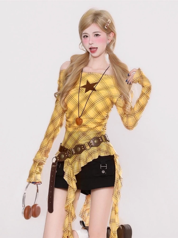 Y2K Plaid Slash Neck Vintage T - đánh giá và giá Embroidery A